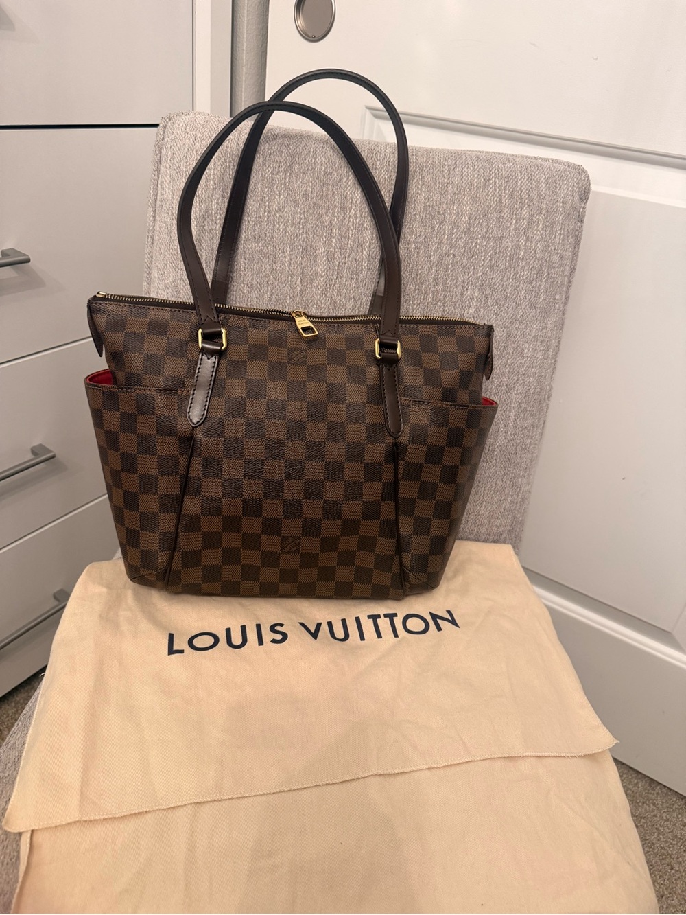 Louis Vuitton Damier Ebene Canvas Shopper Tote with Red Interior Accents - Picture 2 of 14